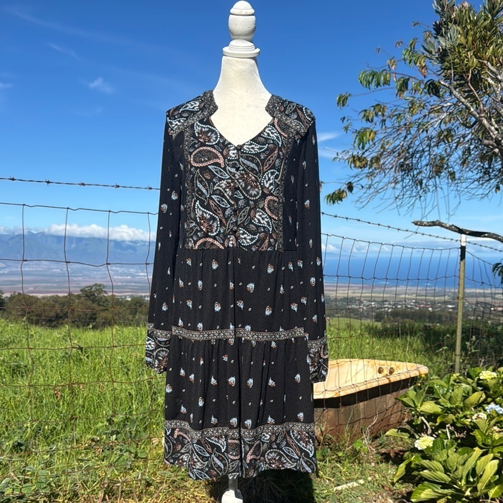 NWT Style & Co boho Peasant black long Sleeve Fit & Flare Dress M